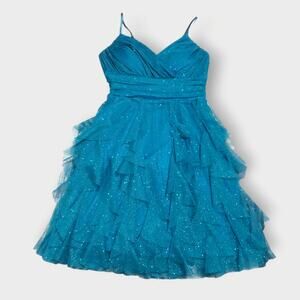 Pear Culture Teal Glitter Ruffled Whimsical Fairy Dress Sz 11/12 Y2K Prom Junior